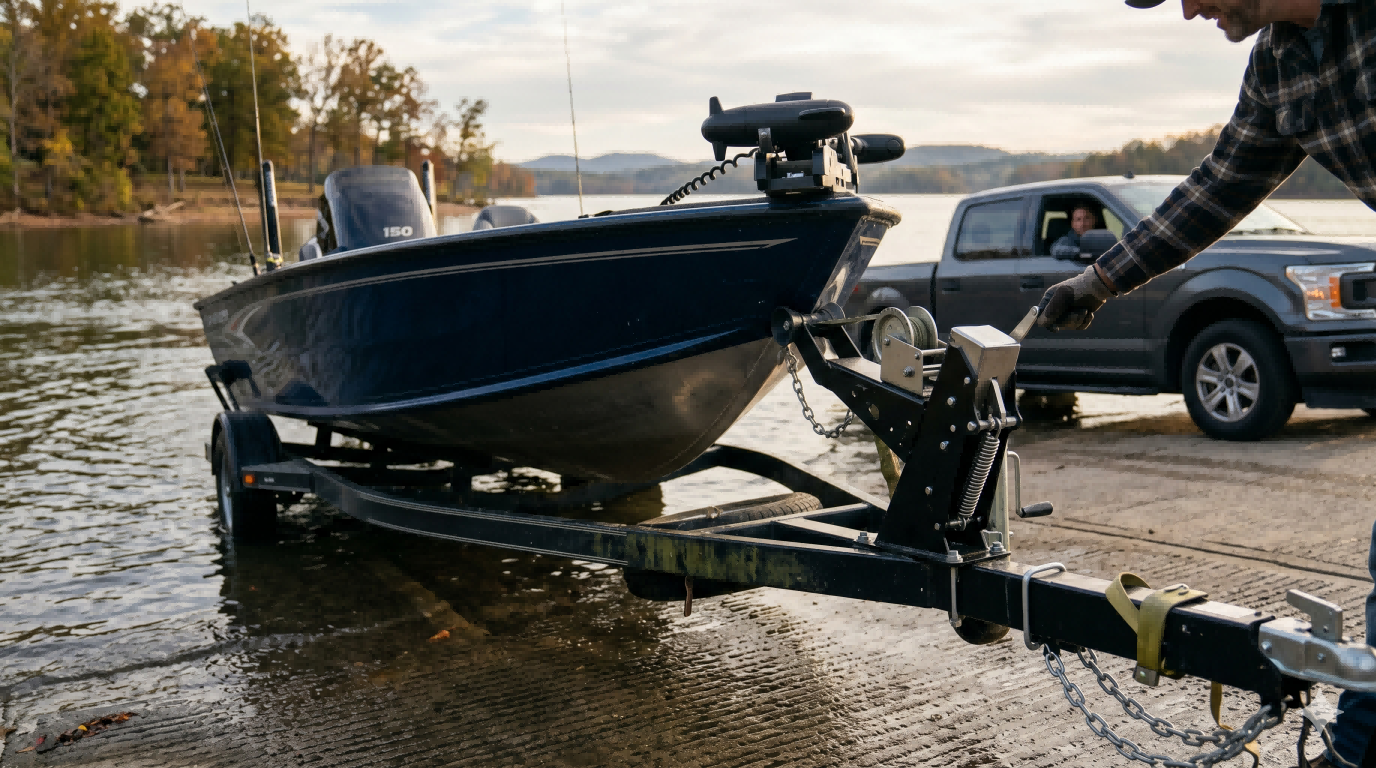 Automatic boat latch system guiding and securing a fishing boat during trailer retrieval at the ramp